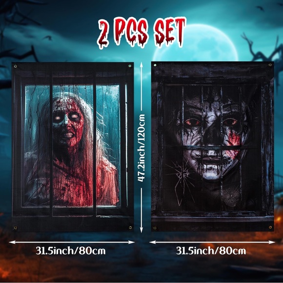 Rcrirth 2 Pcs Scary Halloween Window Cover Blood Ghost Silhouette Decorations - Picture 1 of 7